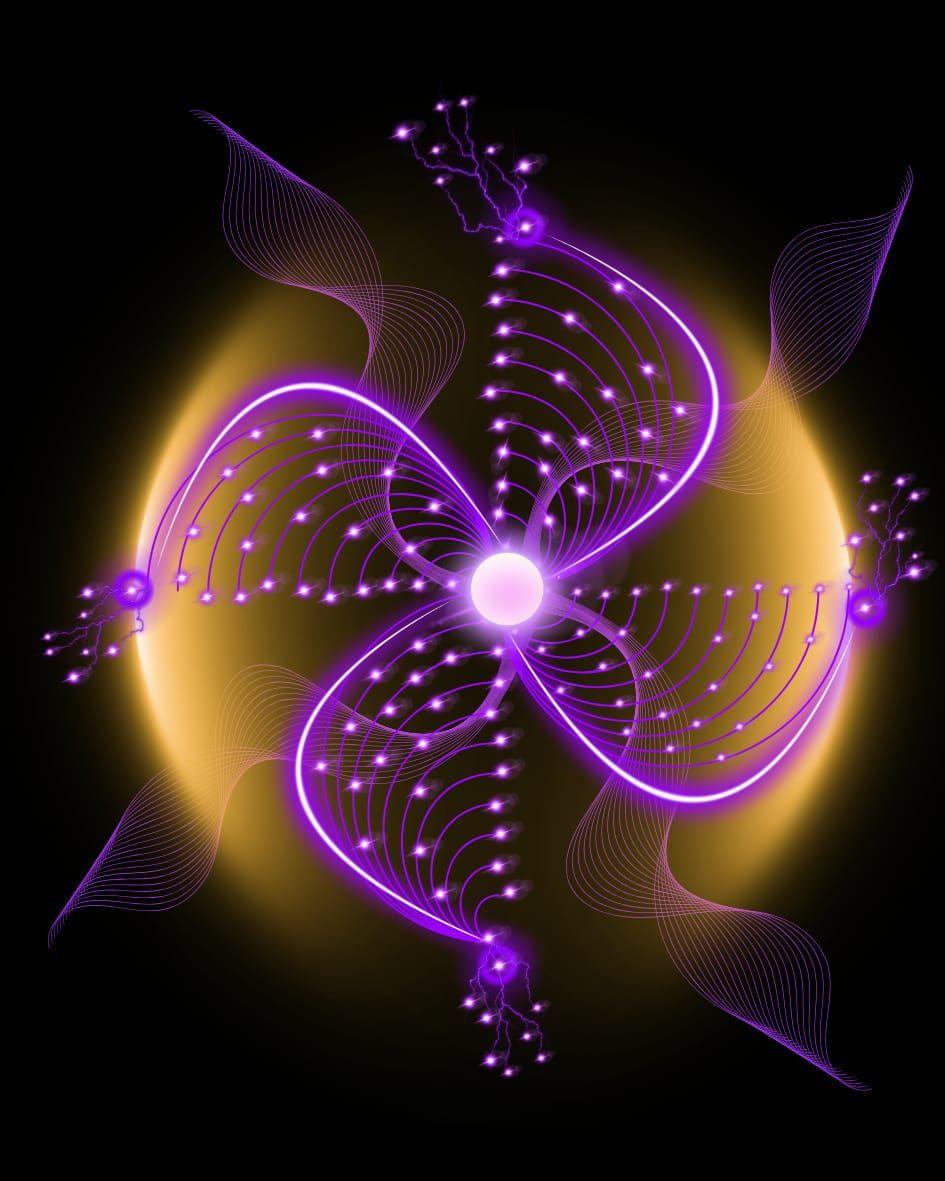 Dark abstract background with neon purple and yellow organic shapes and lines.