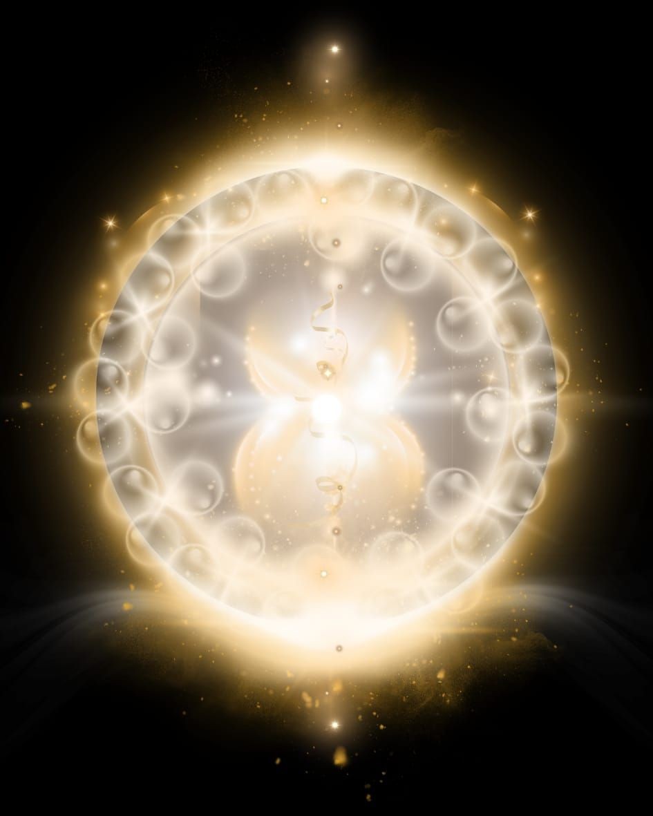 Abstract glowing sphere with intricate light patterns and particles radiating from the center against a dark background.