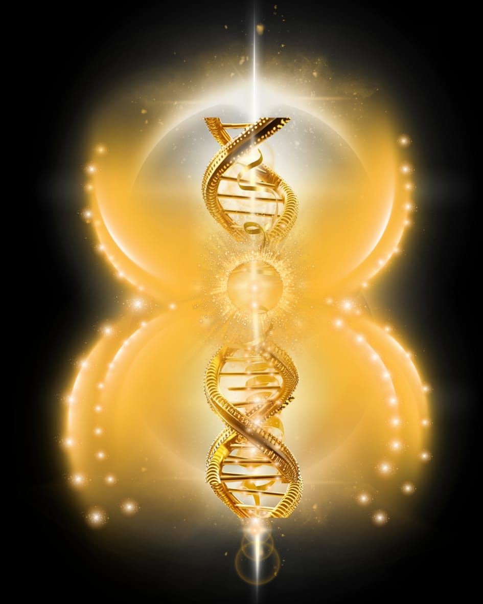 Golden DNA helix surrounded by glowing circular lights, set against a dark background.