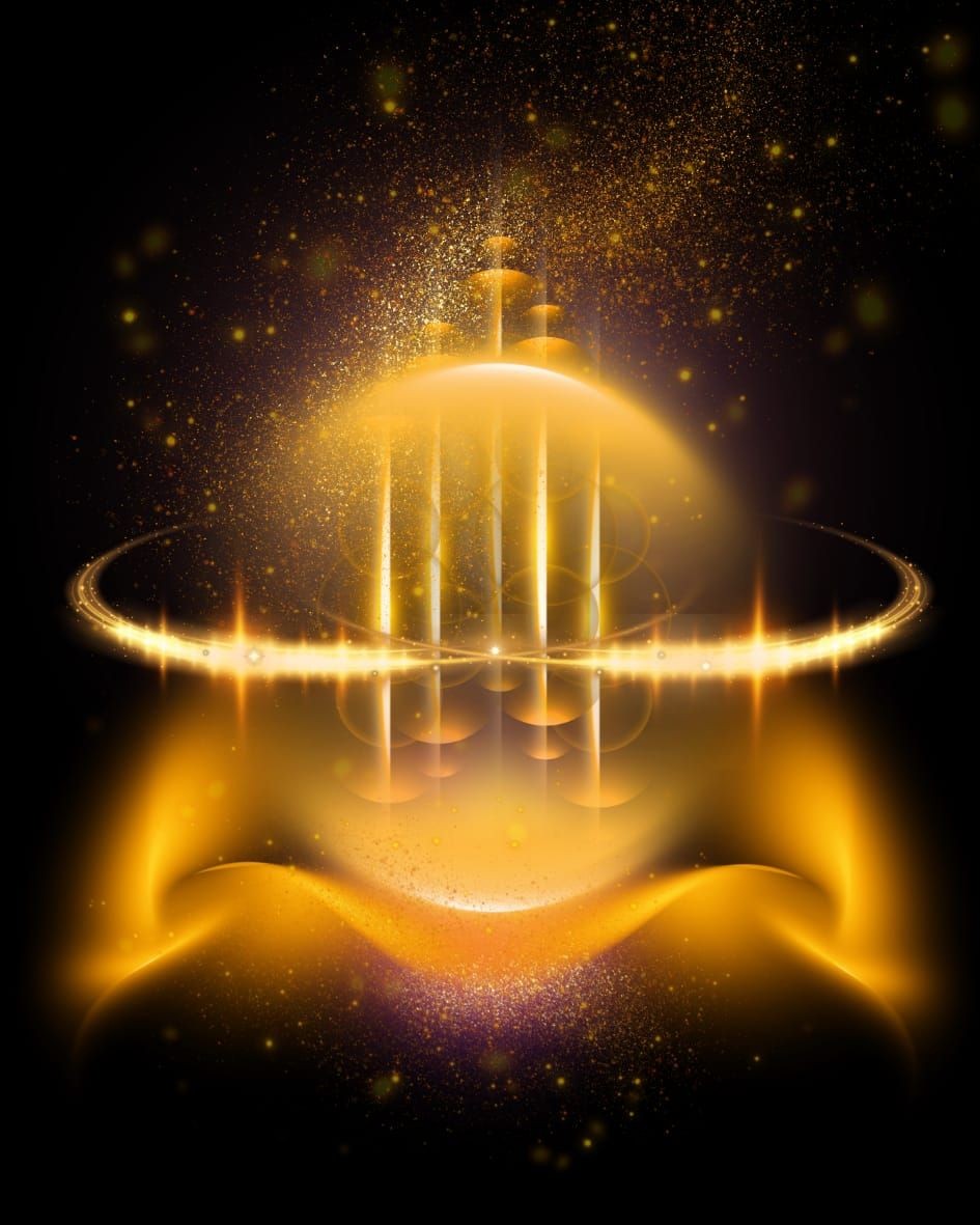 Abstract digital artwork of glowing golden lights forming a circular pattern with sparkling particles on a black background.