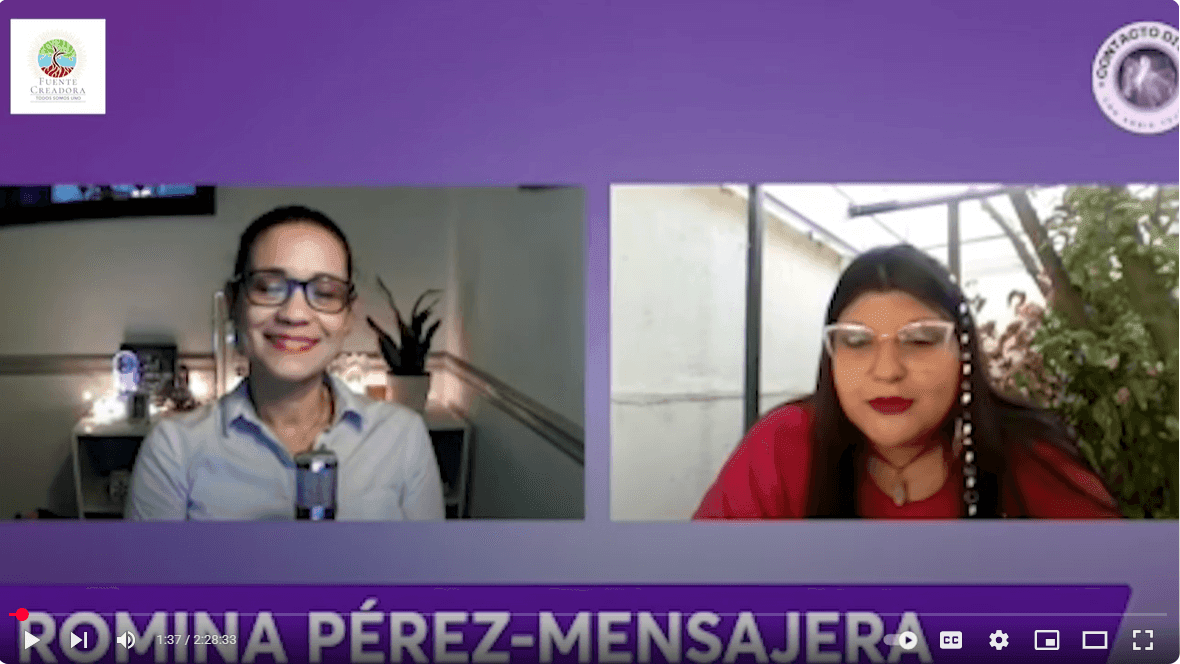 Two people on a split screen video call with a purple background and text at the bottom.