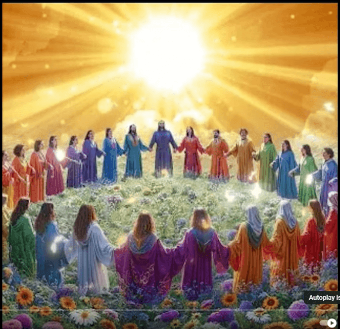 Group of people in colorful robes standing in a circle under a bright, radiant sun.