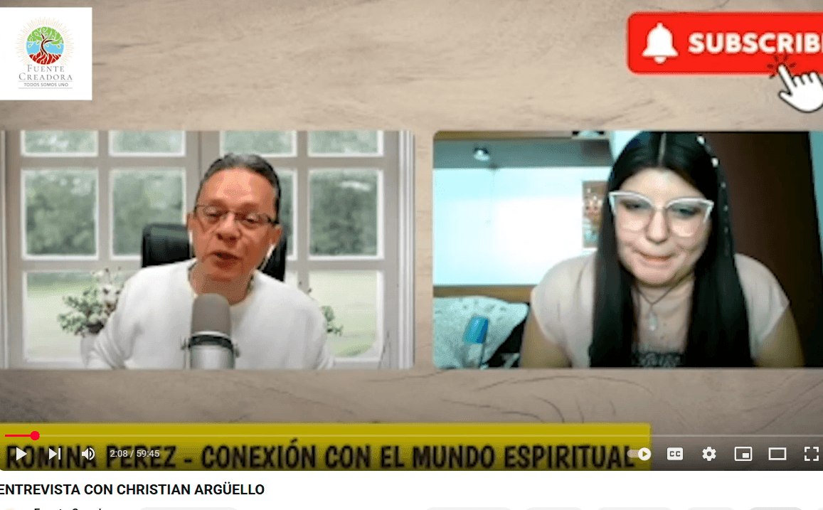 Video interview screenshot showing two people with a subscribe button overlay and spiritual theme text.